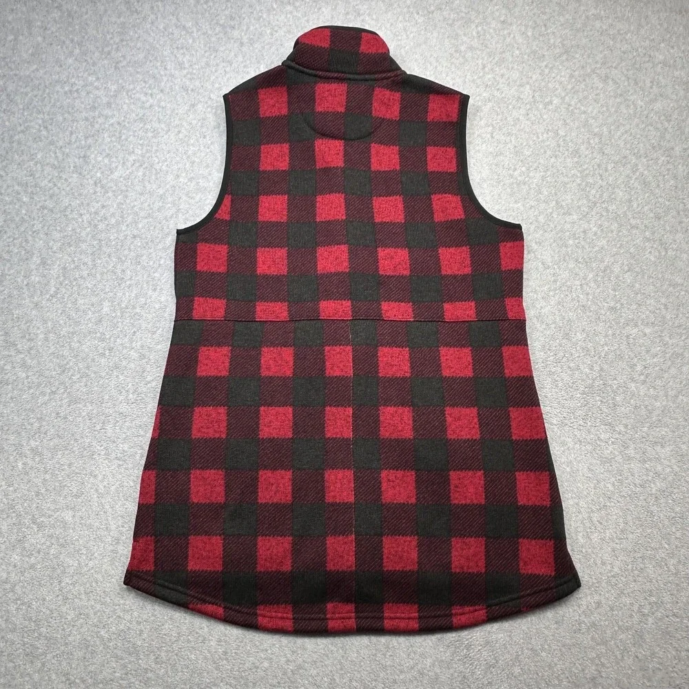LL Bean Sweater Fleece Long Vest Womens Small Red Buffalo Plaid Full Zip Pockets